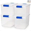 HOMZ 4-Pack 31 Quart Latching Lid, Clear Plastic Storage Organizer Bins, Blue – Stackable Containers for Home & Office Shelve