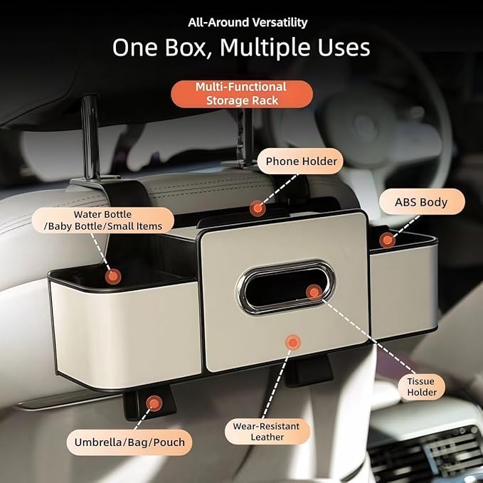 Back Seat Car Organizer, 4-in-1 Multifunctional Storage Box with Cup Holder & Tissue Holder, Premium Leather Adjustable Seat Back Organizer for Phone, Snacks, Purse for SUV Minivan Travel (Beige)