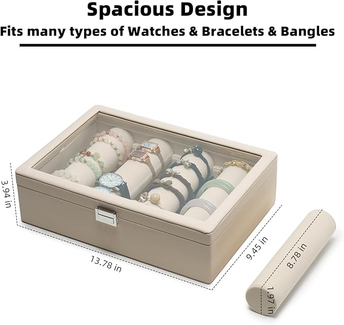 Bracelets Organizer Rods Bangles Display Holder, Clear See through Lid Leather Velvet Jewelry Storage Box Case for Women, 4 R