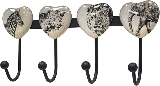 Coat Rack Wall Mounted with 4 Hook, Heart Glass Finishes Animal Pattern Elephant Lion Zebra Leopard Decorative Wall Hooks for