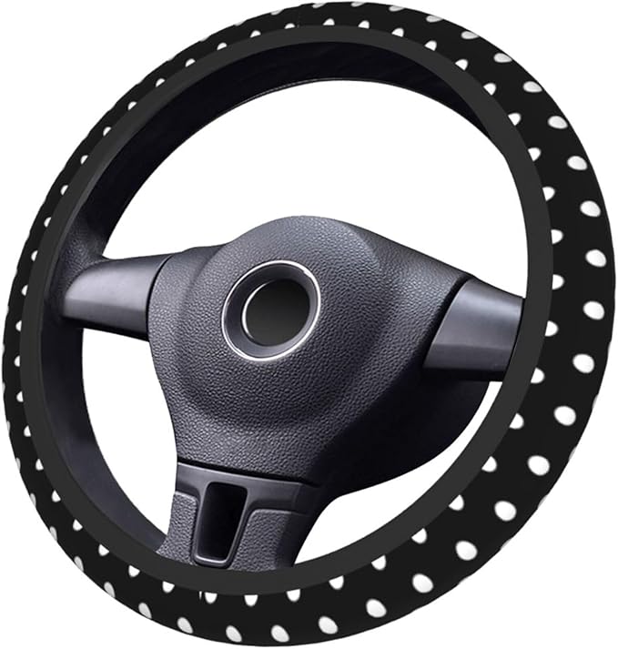 Cute Black White Polka Dots Steering Wheel Cover for Women, Universal Fit 14-15 inch,Automotive Interior Accessories Decorati