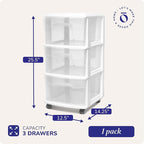 HOMZ Drawer Tower, 3-Tier Rolling Storage Cart with Removable Wheels, White Frame – Plastic Organizer with Clear Bin Drawers 