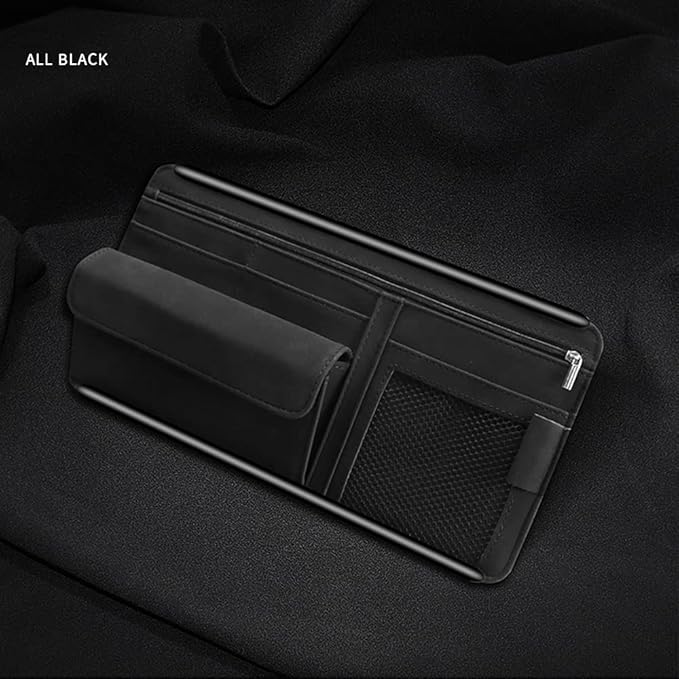 Car Sun Visor Organizer Glasses Case Storage Pocket Organizer with Multi-Pocket Net Zipper Pouch Sunglass Holder for Car Truck SUV (Black)