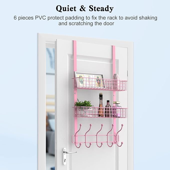 Coat Rack, Over The Door Hanger with Mesh Basket, Detachable Storage Shelf for Towels, Hats, Handbags, Coats (Pink-2 Baskets)