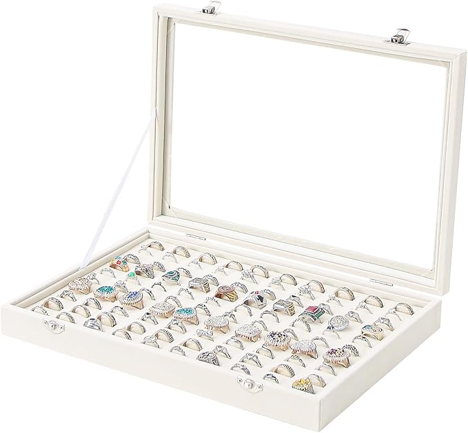 Coward Ring Organizer Jewelry Box, Beige Velvet 100 Slots Ring Display Tray Case with Transparent Glass Lid for Home Use or S