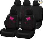 Flying Banner Butterfly car seat Covers ful Set Fashion Universal Lady Woman Female Rear Bench Split Colorized (Black Rose Re