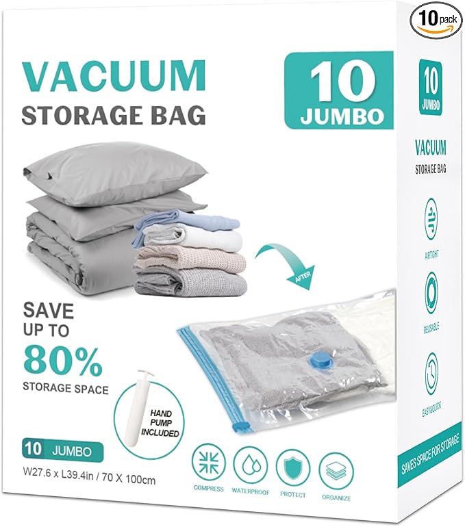 10 Pack Jumbo Space Saver Vacuum Storage Bags Seal Bags for Clothing Travel Compression Bags for Comforters Blankets Bedding 