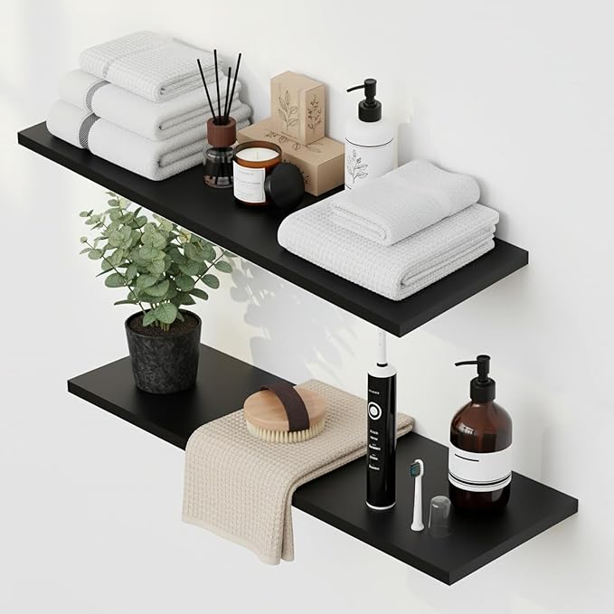 Floating Shelf Board for Wall 5/8" – No Brackets – 24" L x 10" W x 0.6" T Black Melamine Wood Floating Shelves for Bathroom, 