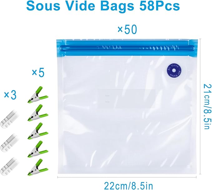 MEGAWISE Reusable Sous Vide Bags 58Pcs BPA-Free, 1.4L Vacuum Sealer Bags for Cooking & Microwave, 50 Zipper Bags, 3 Seal Clip