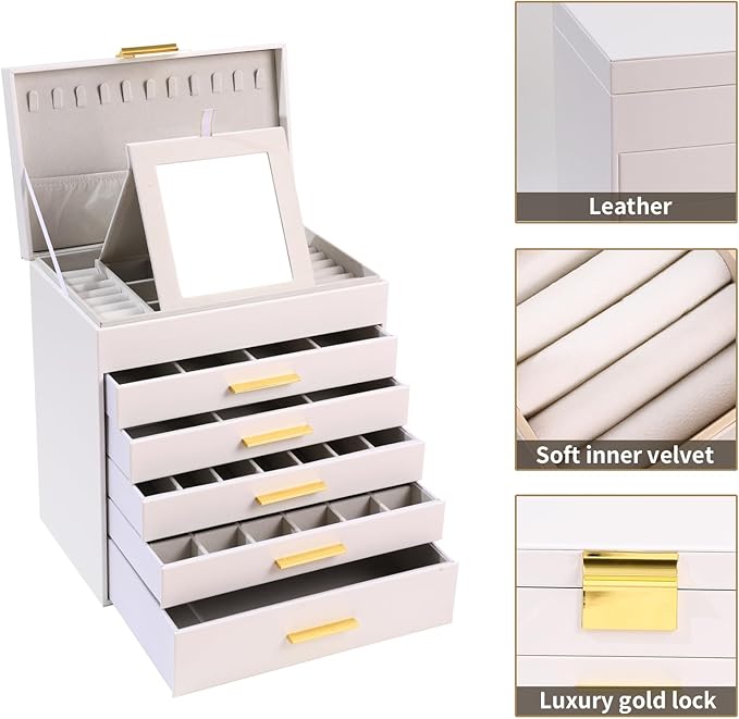 BOOVO Jewelry Boxes for Women, White and Black 6 Layer Large Jewelry Box for Necklace, Bracelet, Earrings, Rings Storage, Jew