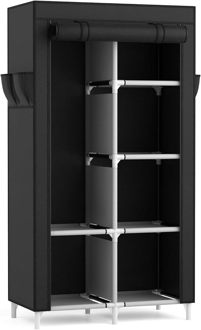 ROJASOP Portable Closet Wardrobe Closet for Hanging Clothes with 6 Storage Shelves, 1 Hanging Rod and 4 Pockets, Free Standin