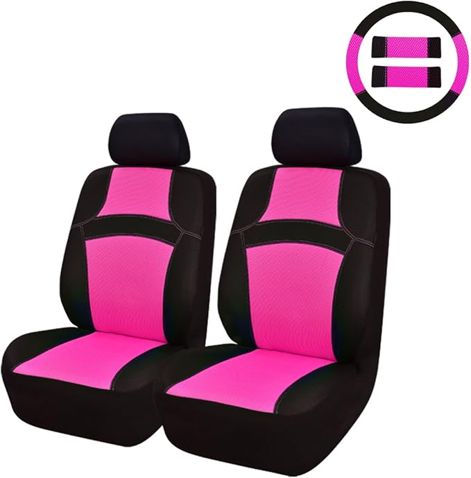 CAR PASS Rainbow Cool Universal Fit Two Front 3D Air Mesh Car Seat Cover with Steering Wheel & Blet Cover-Airbag Compatible (Front Seats only, Black- Pink)