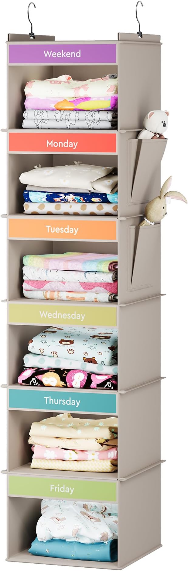 YOUDENOVA 6-Shelf Weekly Hanging Closet Organizer, Weekly Clothes Organizers for Kids with 2 Side Pockets, Light Grey