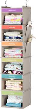YOUDENOVA 6-Shelf Weekly Hanging Closet Organizer, Weekly Clothes Organizers for Kids with 2 Side Pockets, Light Grey