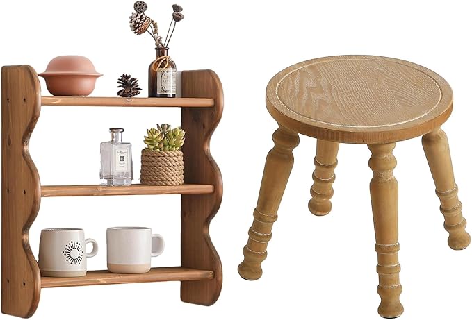 Solid Wood Wall Shelf 3-Tier,Solid Wooden Step Stool,Rustic Floating Shelves Wall Mounted Storage Rack,Wooden Stool for Adult