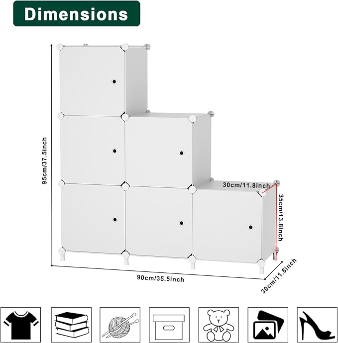 Cube Storage Organizer, 6-Cube Shelves Unit with Doors, DIY Stackable Plastic Clothes Organizer for Bedroom and Under Stairs 
