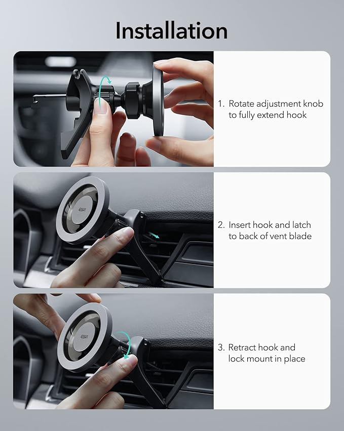 ESR for MagSafe Car Mount, Magnetic Phone Holder for Car Air Vent, Car Phone Holder Mount for iPhone 17e/17/16/16e/15/14/13/12/Samsung, All Smartphones(2 Metal Rings Included),Charging Not Supported