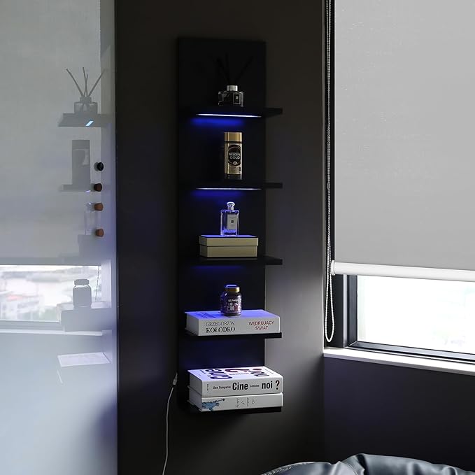 5 Tier Wall Shelf Unit, RGB Lack Shelf, Vanity Shelves with Light,Black Shelves for Room,Office,Bathroom,Remote Control