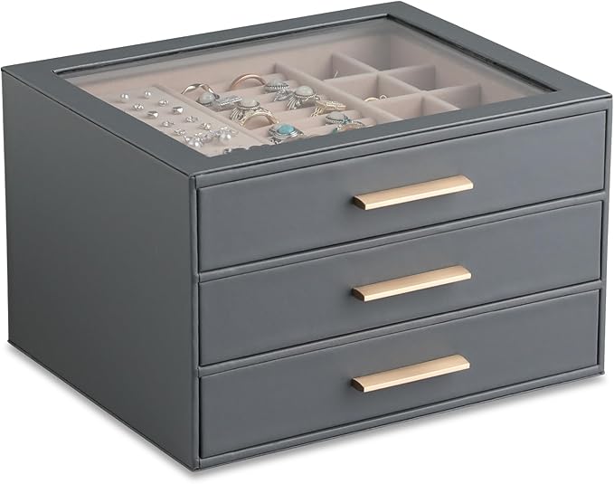Frebeauty Clear Lid Jewelry Box,3-Layer Jewelry Organizer with Drawer,PU Leather Jewelry Organizers and Storage,Jewelry Boxes