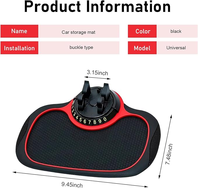 Multifunction Car Anti-slip Mat, Storage Pad & Rotatable Phone Holder & Parking Number Plate, Large Organizer Pad for Phone K