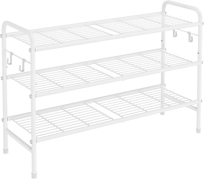 VILICK 3 Tier Shoe Rack 33" Wide Metal Shoe Organizer Long Shoe Storage with 4 Side Hooks Sturdy Shoes Shelf for Front Door E