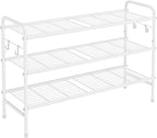 VILICK 3 Tier Shoe Rack 33" Wide Metal Shoe Organizer Long Shoe Storage with 4 Side Hooks Sturdy Shoes Shelf for Front Door E
