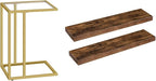 HOOBRO Floating Shelves and C Shaped End Table, Wall Mounted Shelf Set of 2, Tempered Glass Snack Side Table with Metal Frame