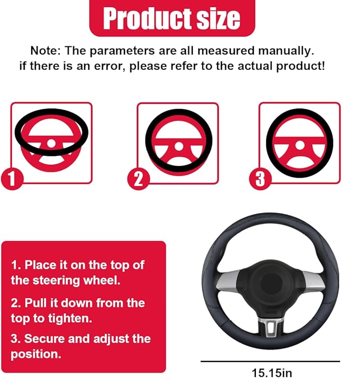 Craedli 14.5-15 Inch Leather Car Steering Wheel Cover, Non-Slip Breathable Auto Steering Wheel Protector Cover, Universal Veh