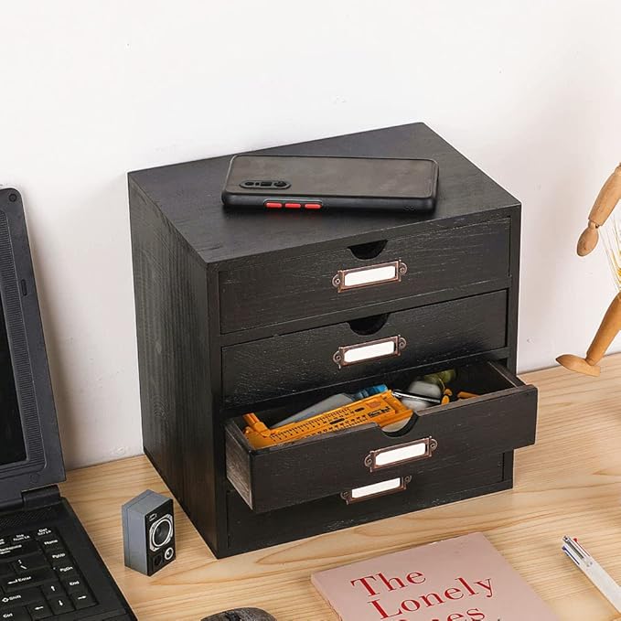 Wooden Storage Box Rustic Desktop Organizer with 4 Drawers Office Desk Accessories Shelf Small Craft Storage Containers Apoth