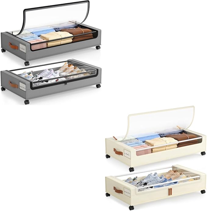 LAMU Under Bed Storage with Wheels 2 Pack, Under Bed Storage Containers with Clear Lid & PU Leather Handle, 6.7 Inches Height