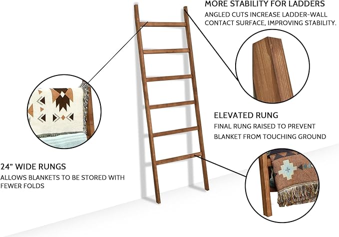 FUIN 6.4ft Extra Wide Wooden Blanket Ladder Living Room Decorative Wal Leaning Farmhouse Quilt Display Holder Rustic Wood Tow