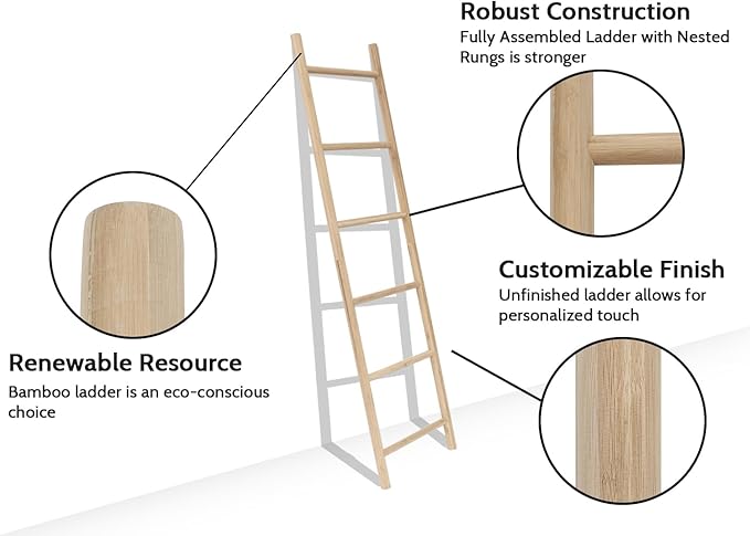 FUIN Fully Assembled 6ft Bamboo Blanket Ladders Living Room Wood Decorative Wall Leaning Farmhouse Quilt Display Holder Rusti