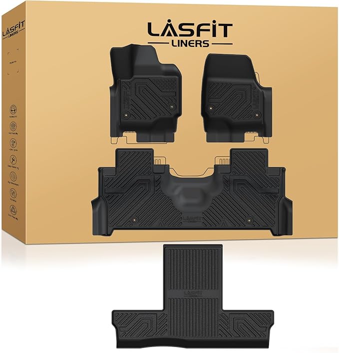 LASFIT Floor Mats for 2025 2026 Ford Expedition 7 Seats Max(Not Fit 8 Seats Standard), All Weather Protector TPE Easy Clean Car Floor Liner, 1st & 2nd & 3rd Row, 4pcs Black