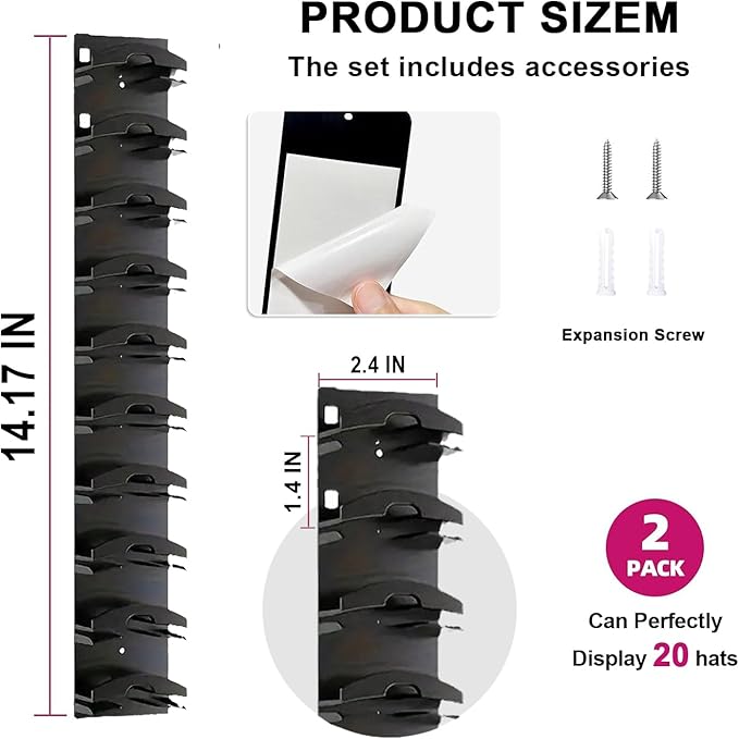 2-Pack Hat Organizer for Baseball Caps, 20-Cap Wall Mounted Hat Rack, No-Drill Adhesive or Screw-In Hat Hanger, Sturdy Vertic