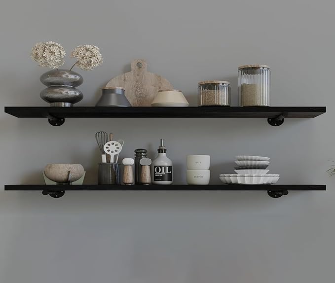 Industrial Pipe Wall Wood Shelves,Real Wooden Shelves 48" in Black Planks Color with 1.2" Extra Thickness, Modern Floating Sh