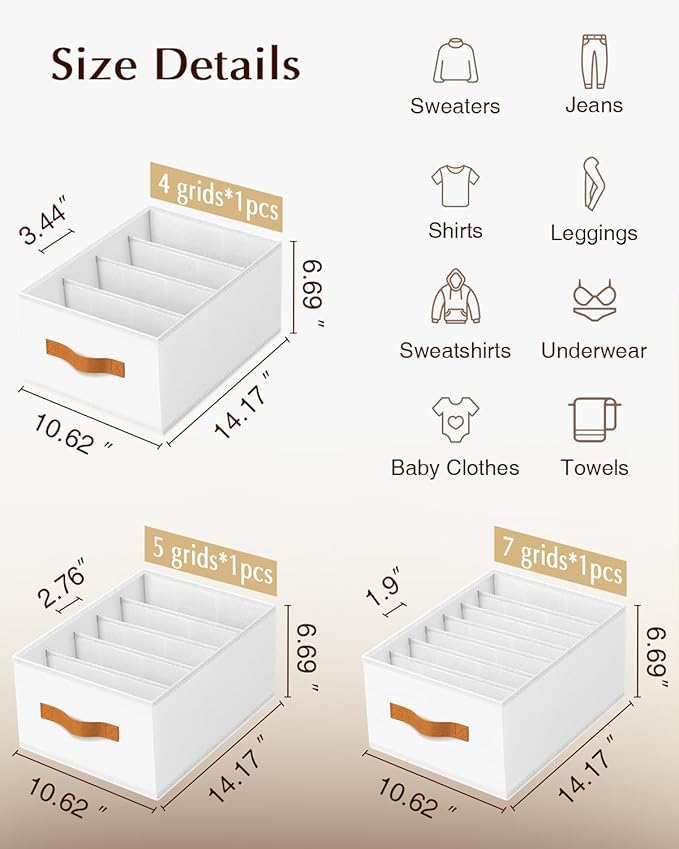 Homsorout Clothes Organizers and Storage - 4/5/7 Grids Fabric Jeans Organizer with Handles, Foldable Closet Organizers Divide