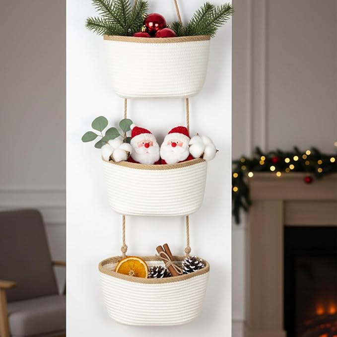 TeoKJ Over the Door Hanging Basket, 3-Tier Woven Cotton Wall-Mounted Storage Organizer Bag Decorative Hanging Nursery Baskets