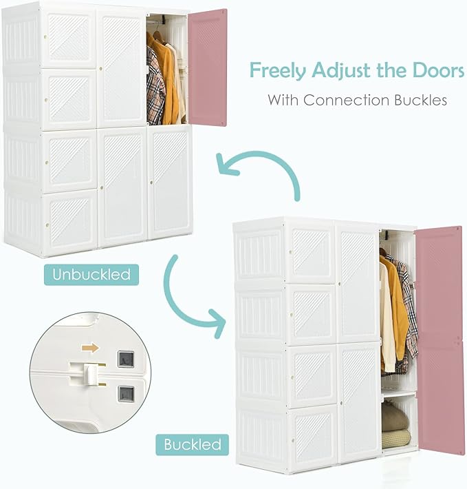 Tangkula Portable Closet Wardrobe, Foldable Clothes Organizer with Cubby Storage, Hanging Rods, Easy Assemble Clothing Storag