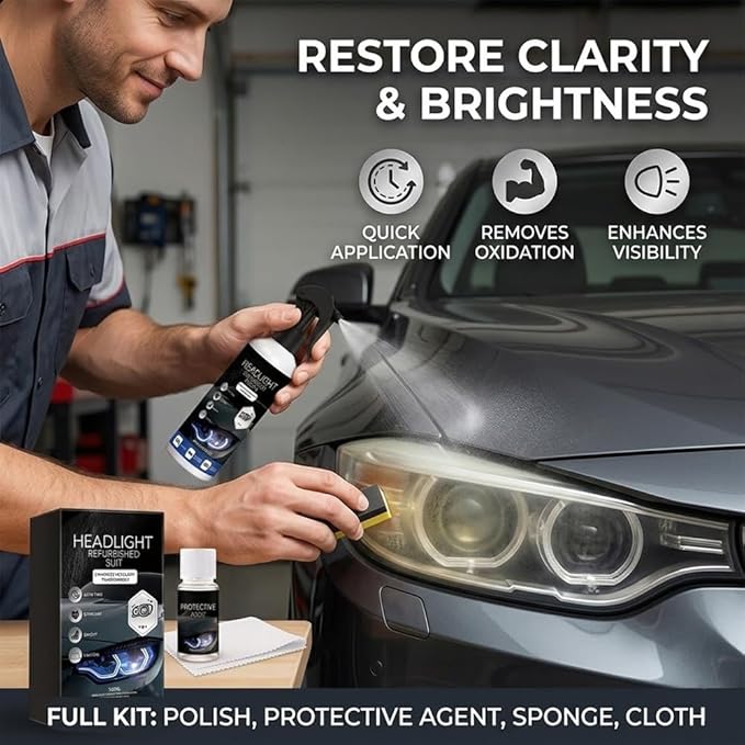 Automotive Headlight Restoration Kit: Fast & Easy Car Headlight Cleaner for Oxidized, Yellowed Headlamps - Refurbishing Fluid