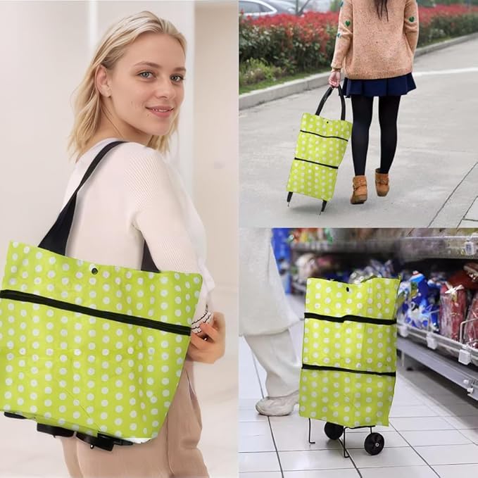 Collapsible Shopping Grocery Bag with Wheels Rolling Tote Bag with Wheels Large Reusable Shopping Bags Foldable Cart(Yellow Green Dot,Large)