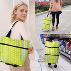 Collapsible Shopping Grocery Bag with Wheels Rolling Tote Bag with Wheels Large Reusable Shopping Bags Foldable Cart(Yellow Green Dot,Large)