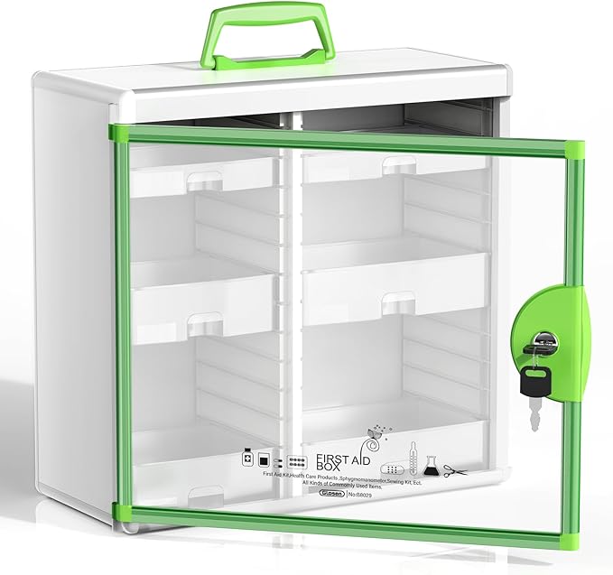 Glosen Medicine Cabinet with Key Wall Mounted Medication Lock Box 【 Green 15x 6.7 x 13 Inch】 Portable Storage Container Big C
