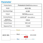 Micro Photoelectric Sensor Switch PNP NO+NC,DC10-30V,Distance:80cm/31.52'', AE3Z-D81,Reflective photovoltaic Sensor,Garage Pa