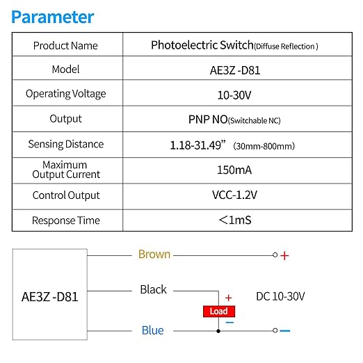 Micro Photoelectric Sensor Switch PNP NO+NC,DC10-30V,Distance:80cm/31.52'', AE3Z-D81,Reflective photovoltaic Sensor,Garage Pa