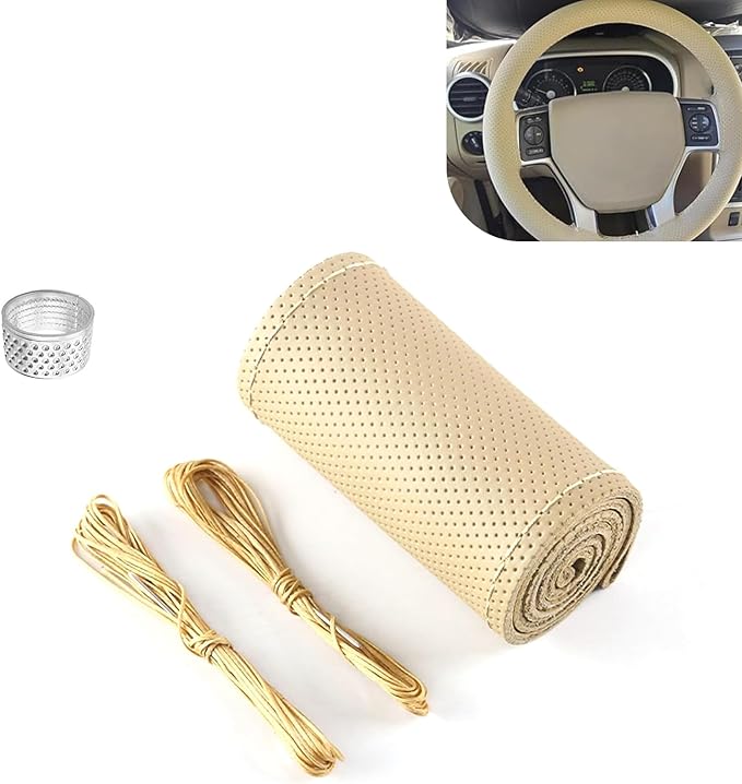 WZP Genuine Leather Steering Wheel Cover, 15 Inch DIY Stitch On Steering Wheel Wrap, Breathable Non-Slip Cover with Needles T