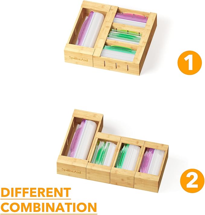 SpaceAid Bag Storage Organizer for Kitchen Drawer, Bamboo Organizer, (4 Pack) SpaceAid Bamboo Drawer Dividers with Inserts an