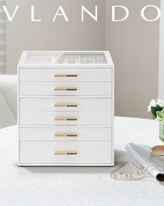 VLANDO 6 Layer Jewelry Box for Women, Glass Lid Jewelry Organizer with 6 Drawers for Necklaces Rings Earrings Bracelets - Whi
