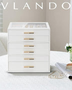 VLANDO 6 Layer Jewelry Box for Women, Glass Lid Jewelry Organizer with 6 Drawers for Necklaces Rings Earrings Bracelets - Whi