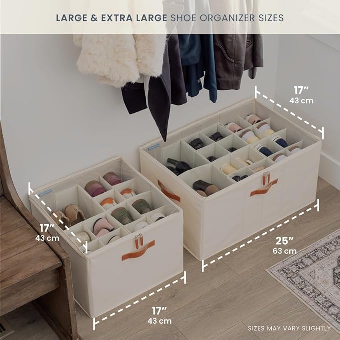 OrganiHaus Large Shoe Storage Bin for Closet, Shoe Organizer Box Fits up to 16 Pairs, Collapsible Fabric Shoe Basket w/Clear 
