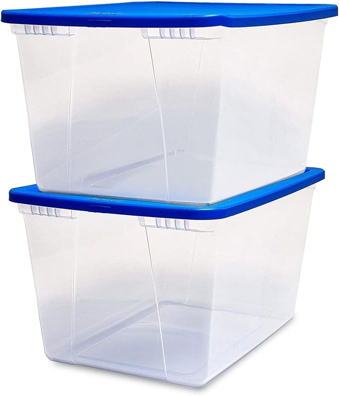HOMZ 2-Pack Snaplock, Large Clear Plastic Storage Organizer Bins w/Lids, 56 Quart, Blue - Stackable Container Boxes for Bedro
